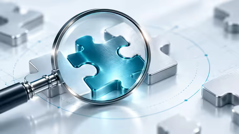 Precision magnifying lens inspecting a technical puzzle piece, representing product compatibility and correct product selection