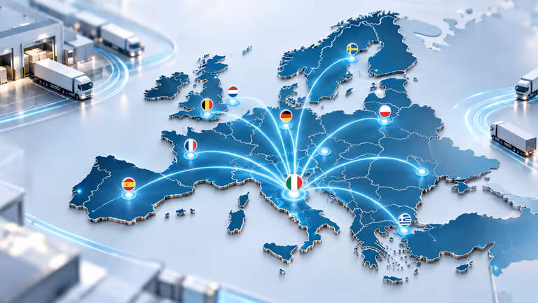 European distribution network with interconnected delivery routes representing direct ecommerce supply across Europe