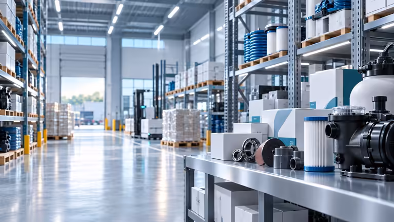 Professional specialist warehouse with technical products, industrial components, equipment and organised stock
